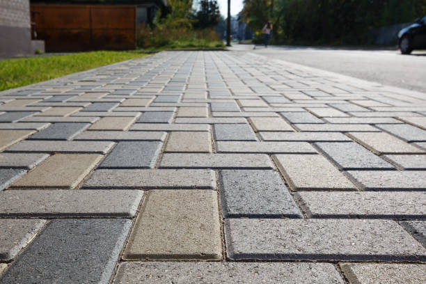 Colorful cobblestone road pavement and lawn divided by a concrete curb. Backlight. Diminishing perspective.